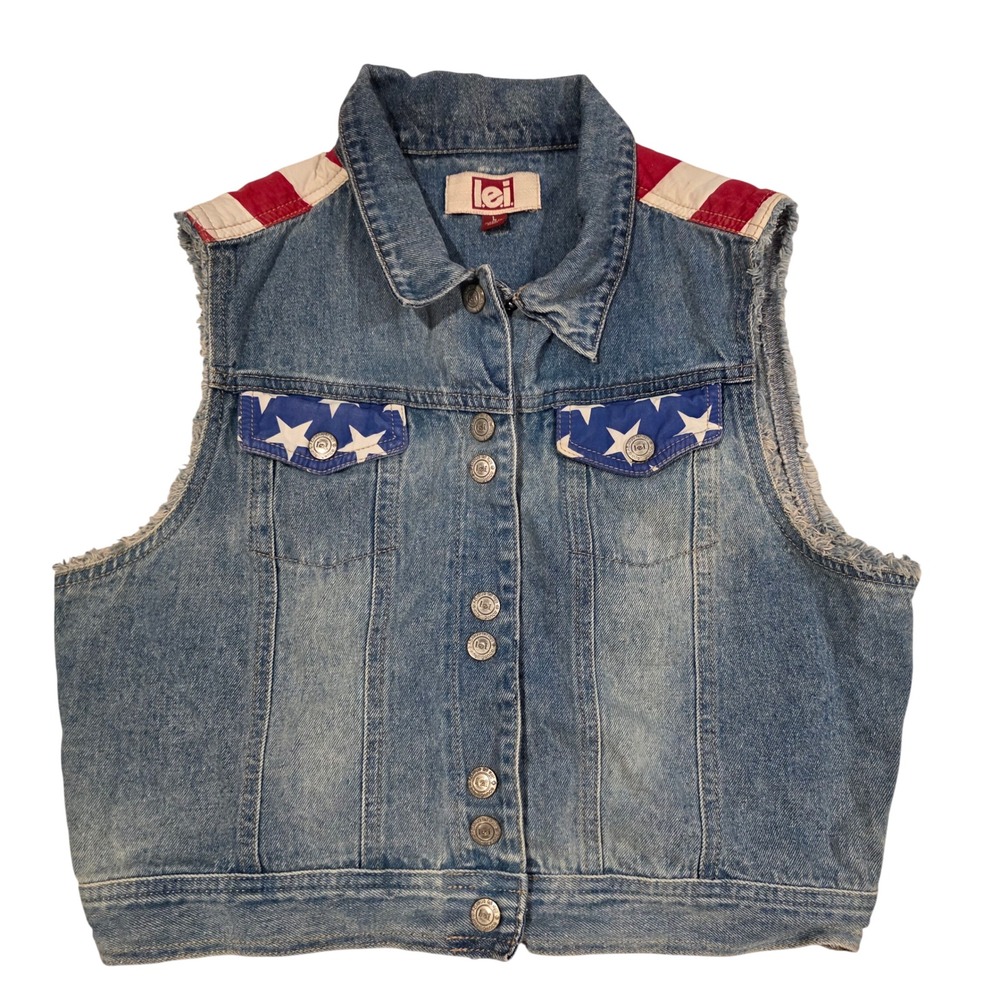 LEI Vintage Y2K Americana Denim Vest Stars Stripes Patriotic Blue Large LJ162LPW